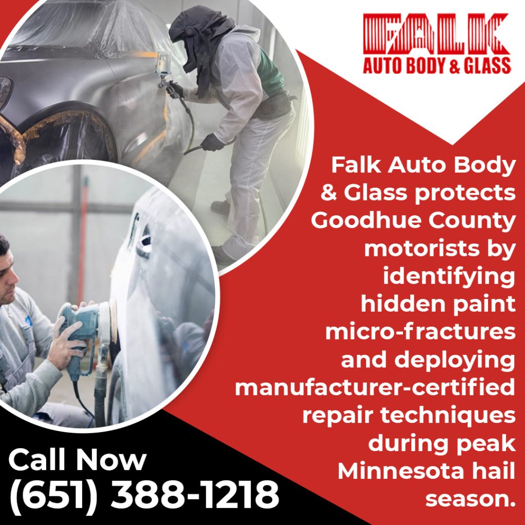 Graphic from Falk Auto Body & Glass on manufacturer-certified repair techniques during Minnesota hail season.
