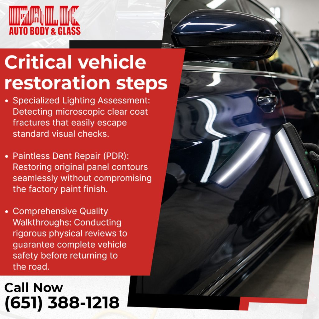 Infographic listing critical restoration steps, featuring a technician checking a dark vehicle panel with handheld lights.