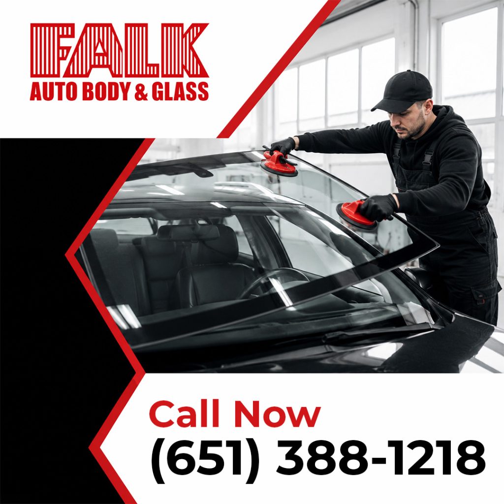 Promotional graphic from Falk Auto Body & Glass showing a technician installing a new windshield on a car using suction cups.